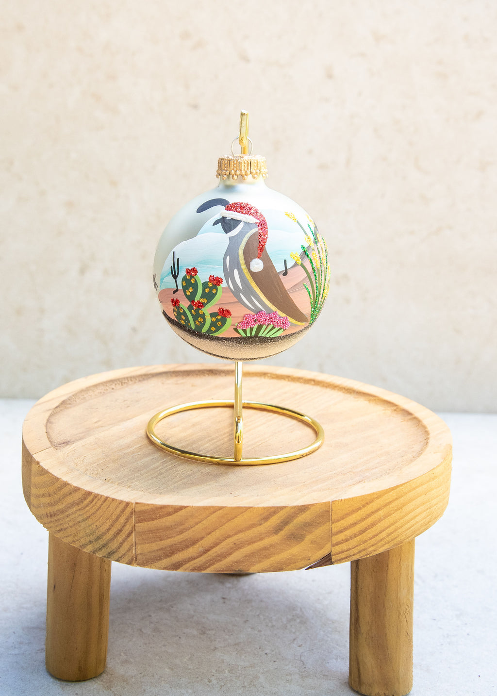 Desert Quail Hand Painted glass ornament by Brenda