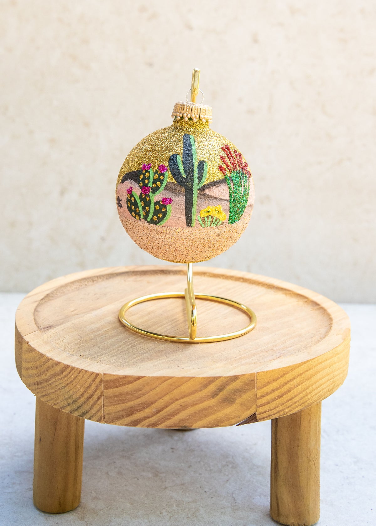 Golden Desert on Gold Sparkle Hand Painted glass ornament by Brenda