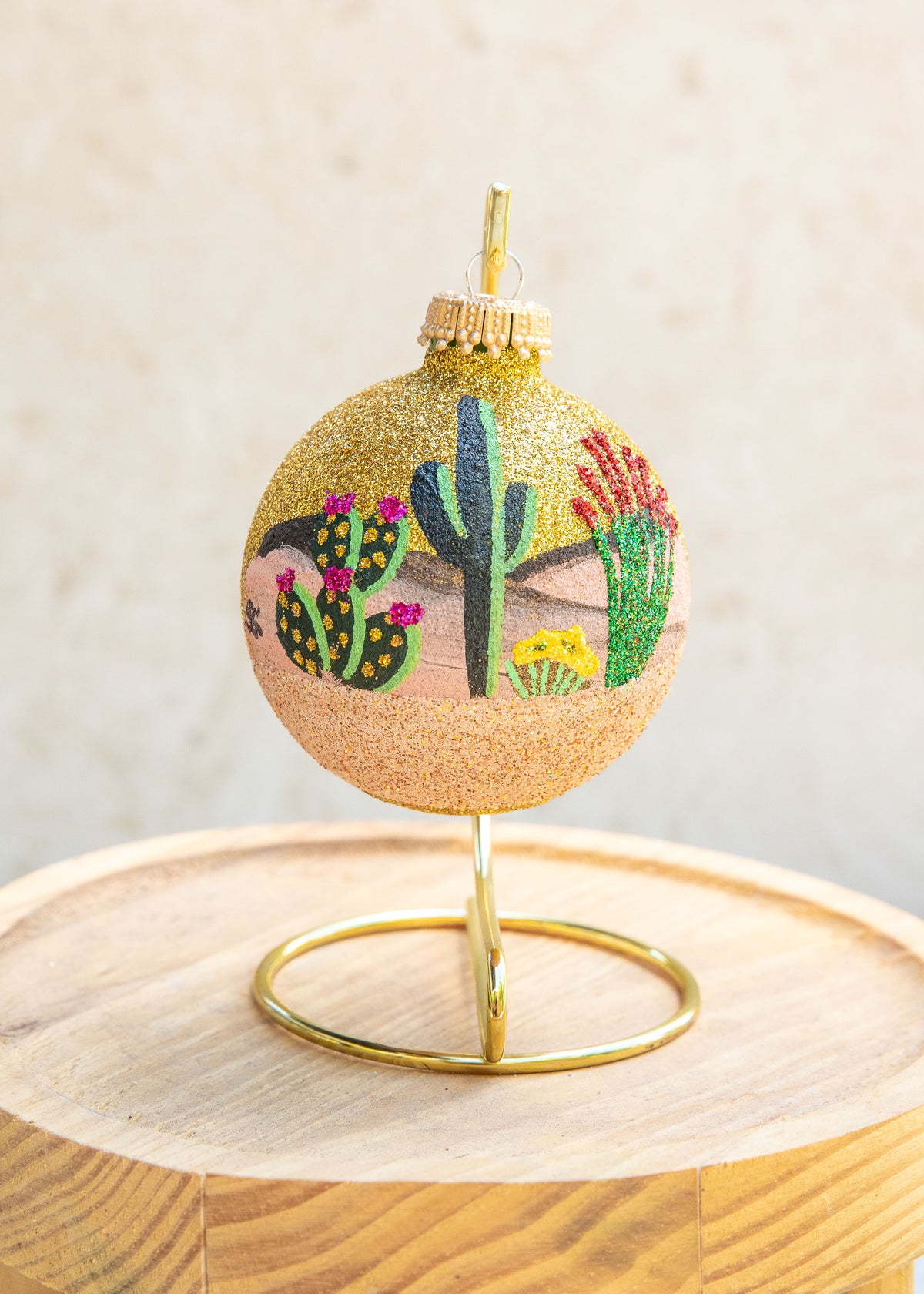 Golden Desert on Gold Sparkle Hand Painted glass ornament by Brenda