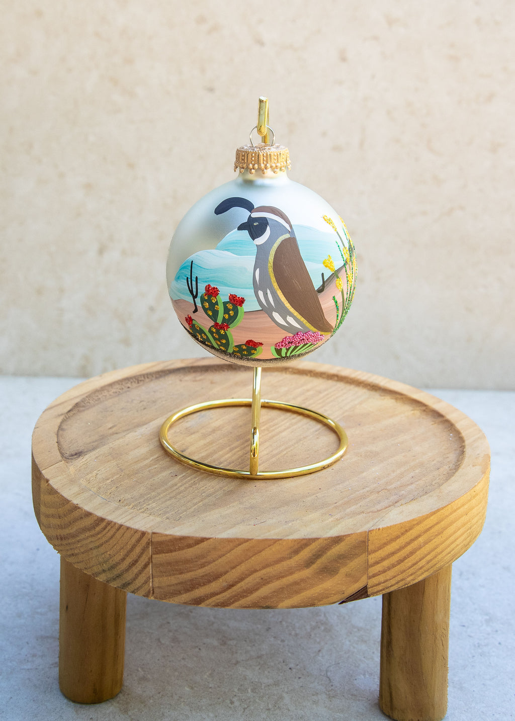 Desert Quail Hand Painted glass ornament by Brenda