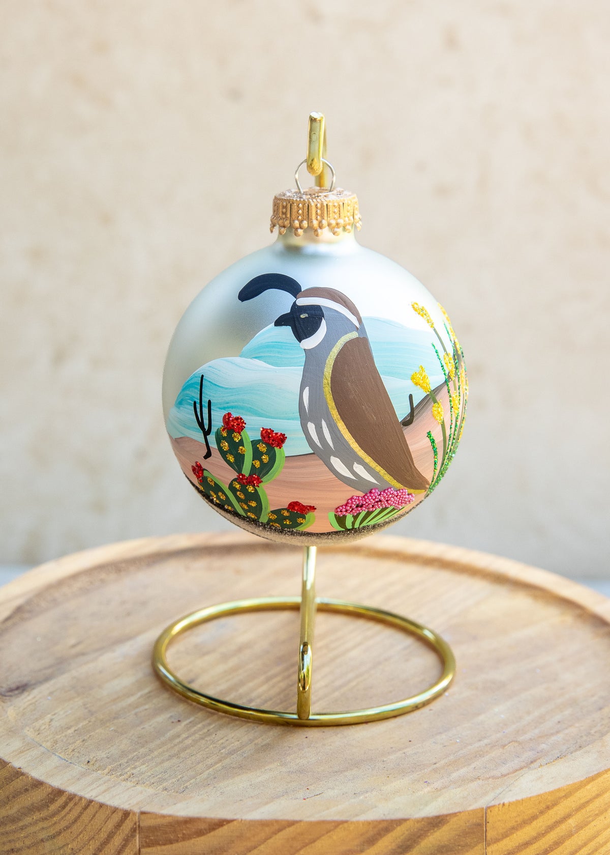 Desert Quail Hand Painted glass ornament by Brenda, classic version