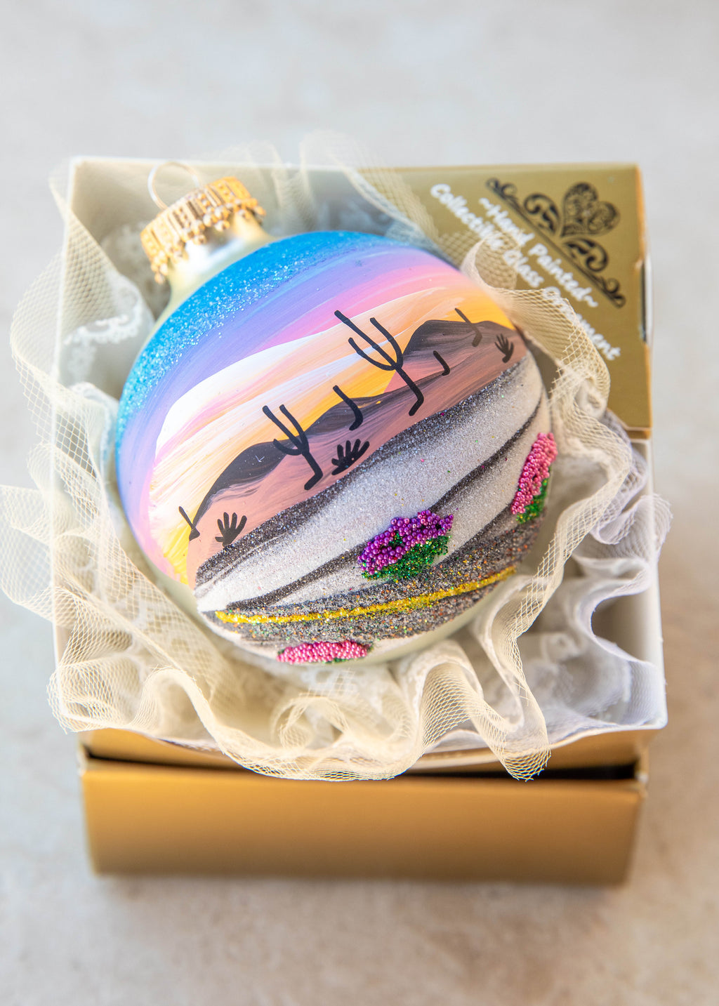 Sunset Desert Highway Hand Painted glass ornament by Brenda