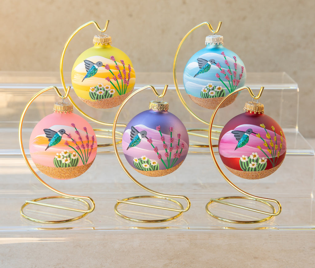 All five Hummingbird Hand Painted ornaments on gold stands: red, pink, misty aqua, purple, and sun yellow