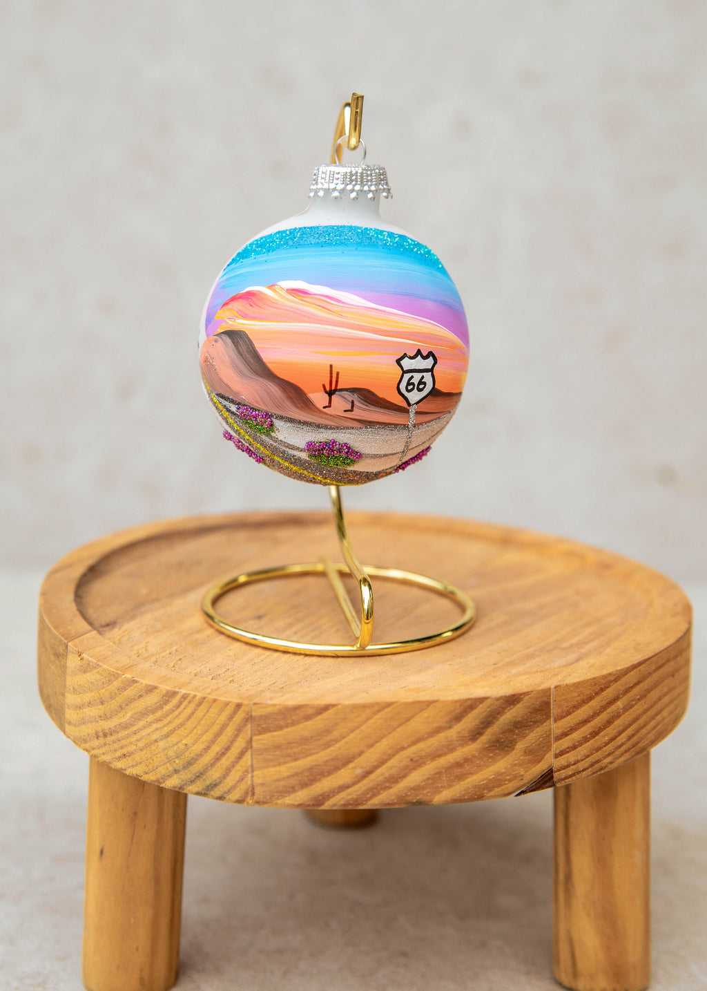 Route 66 at Sunset Hand Painted glass ornament by Brenda