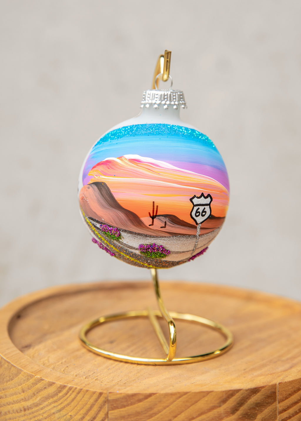 Route 66 at Sunset Hand Painted glass ornament by Brenda