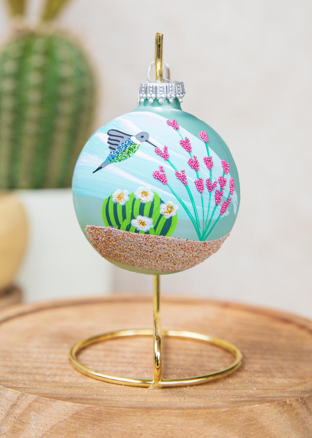 Hummingbird Hand Painted glass ornament by Brenda, misty aqua version