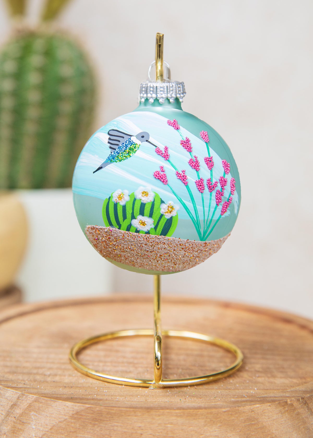 Hummingbird Hand Painted glass ornament by Brenda, misty aqua version