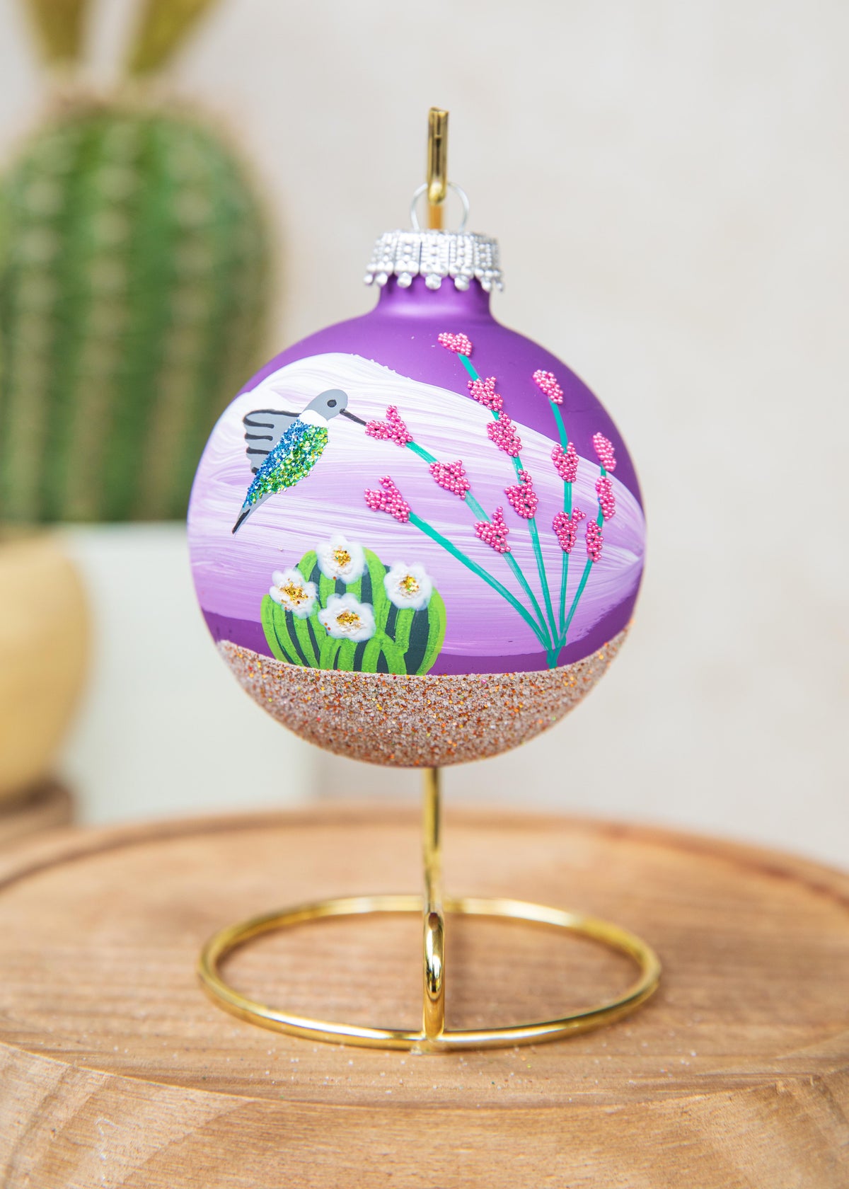 Hummingbird Hand Painted glass ornament by Brenda, purple version