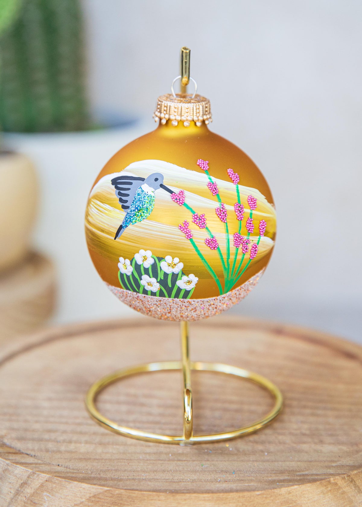 Hummingbird Hand Painted glass ornament by Brenda, sun yellow version