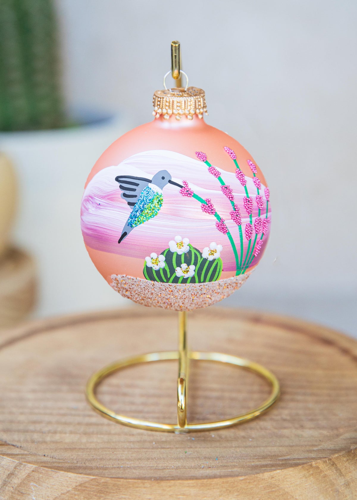 Hummingbird Hand Painted glass ornament by Brenda, pink version