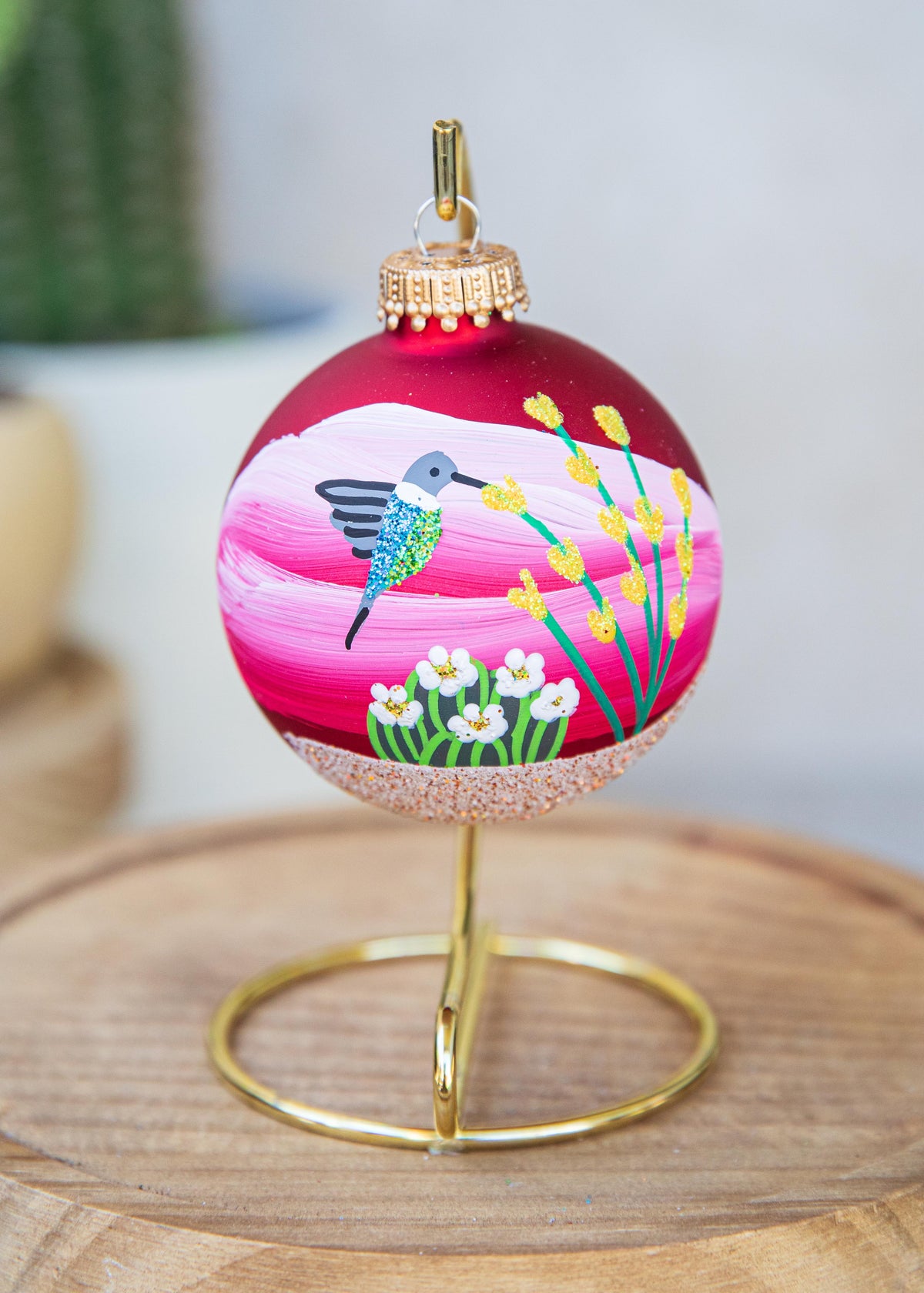 Hummingbird Hand Painted glass ornament by Brenda, red version