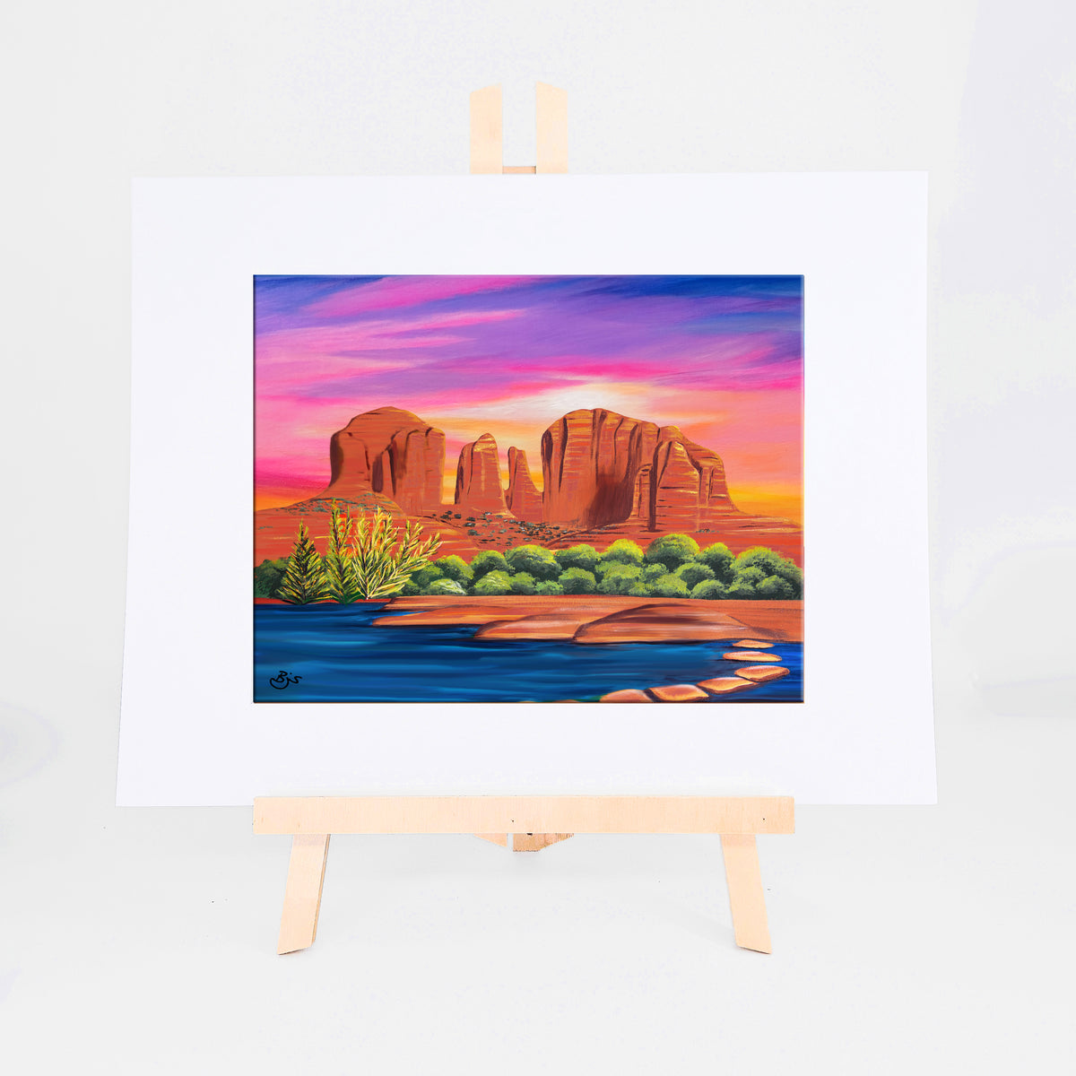 Cathedral Rock, Brenda's painting of Sedona's Cathedral Rock above desert greenery and blue water under a pink and purple sky, shown as a matted 8x10 art print