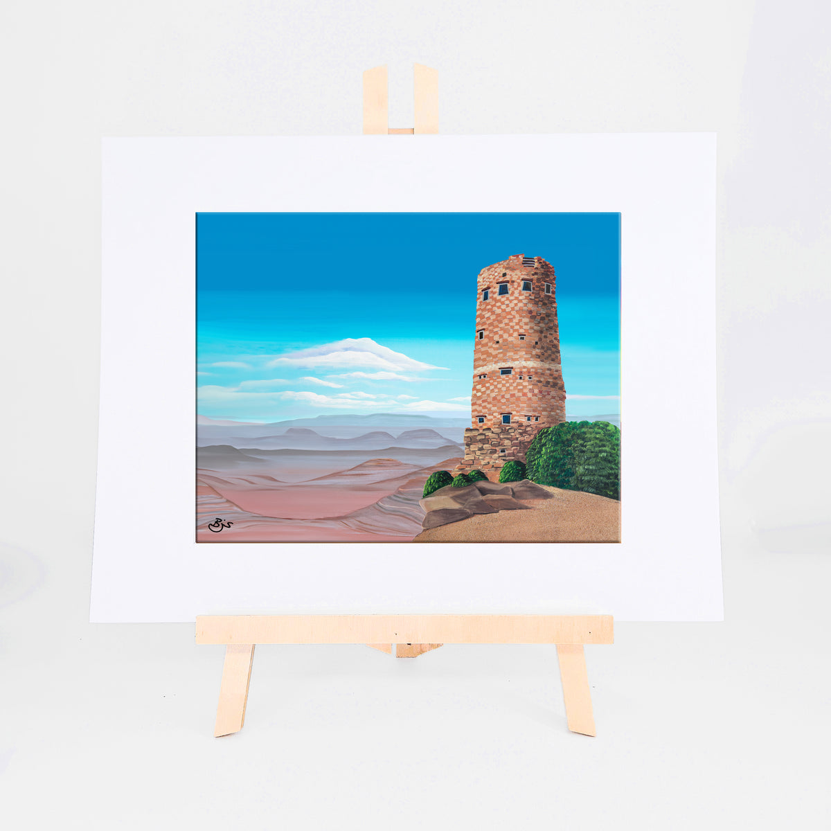 Grand Canyon Watchtower, Brenda's painting of the Desert View Watchtower above the layered cliffs of the Grand Canyon, shown as a matted 8x10 art print