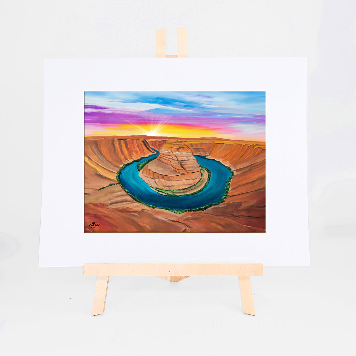 Horseshoe Bend, Brenda's painting of the Colorado River curving around Horseshoe Bend's sandstone cliffs at sunset, shown as a matted 8x10 art print