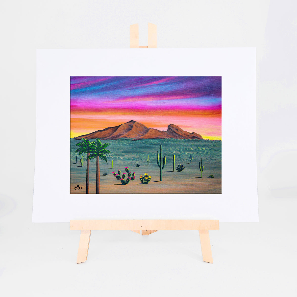 Camelback Mountain, Brenda's painting of Camelback Mountain with saguaros, palms, and desert plants at sunset, shown as a matted 8x10 art print