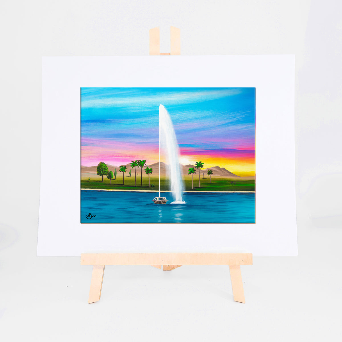 Fountain Hills, Brenda's painting of the Fountain Hills fountain over blue water, framed by palms, saguaros, and mountains at sunset, shown as a matted 8x10 art print