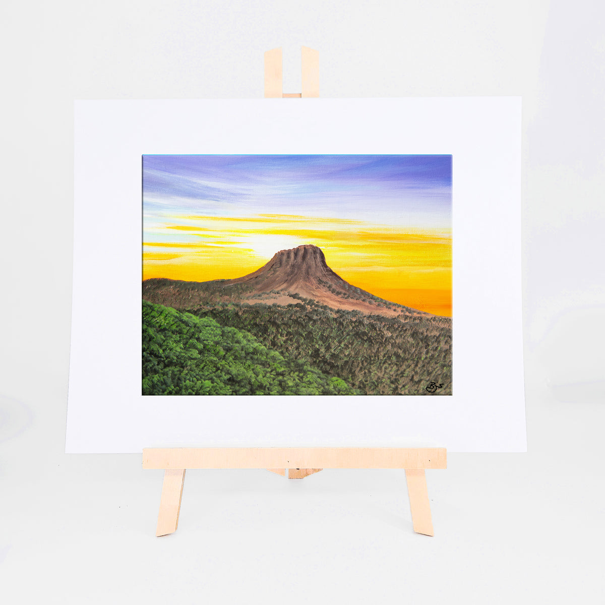 Prescott Thumb Butte, Brenda's painting of Thumb Butte above pines and high desert under a yellow and purple sky, shown as a matted 8x10 art print