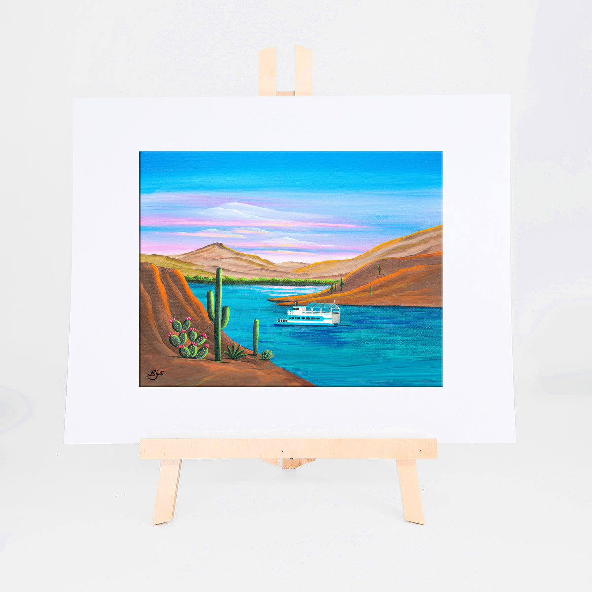 Saguaro Lake, Brenda's painting of Saguaro Lake winding through desert hills lined with saguaros and flowering cactus, shown as a matted 8x10 art print