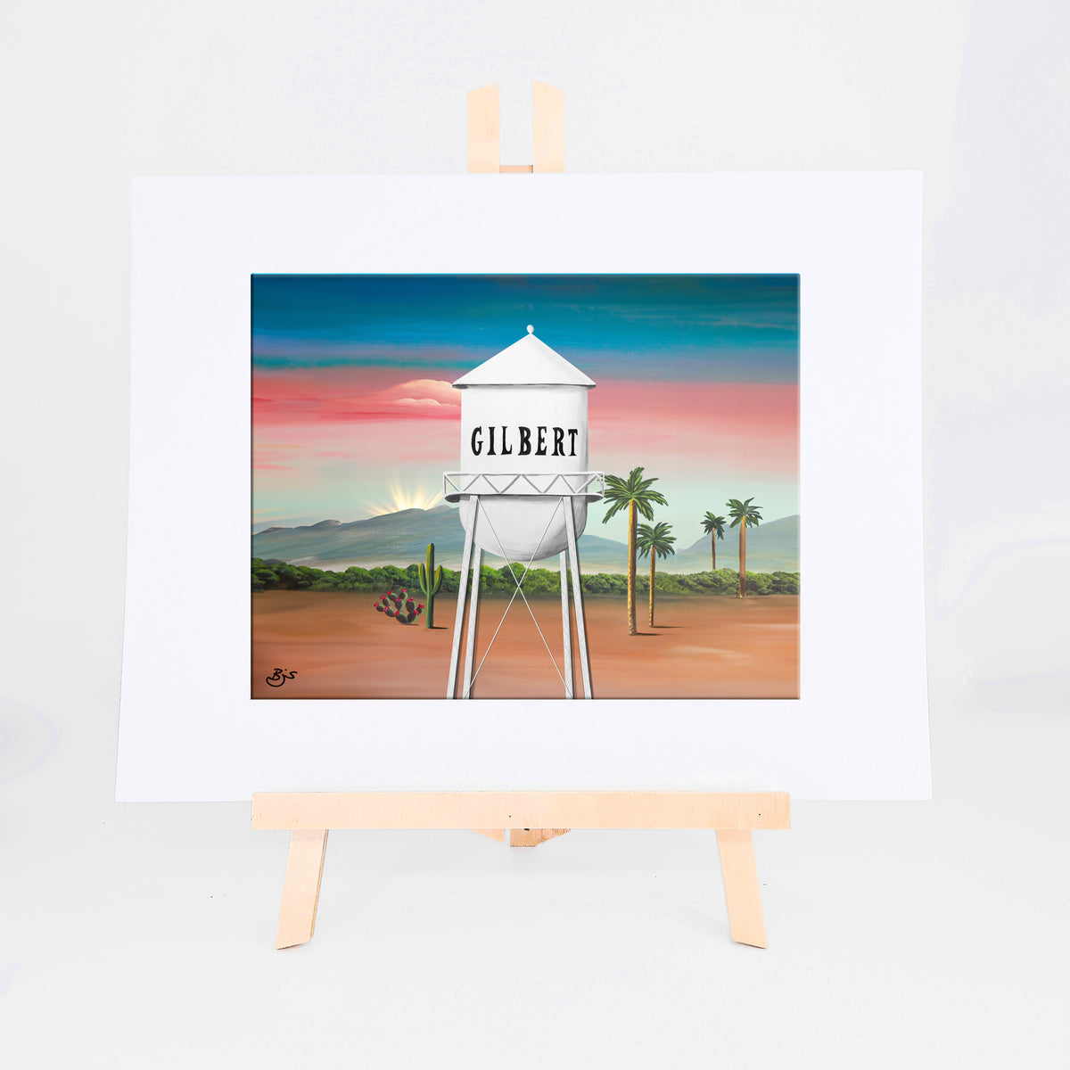 Gilbert Water Tower, Brenda's painting of Gilbert's historic water tower among saguaros and palms at sunset, shown as a matted 8x10 art print