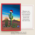 Arizona Christmas card: a saguaro wearing a Santa hat under a bright Arizona sky, painted by Brenda