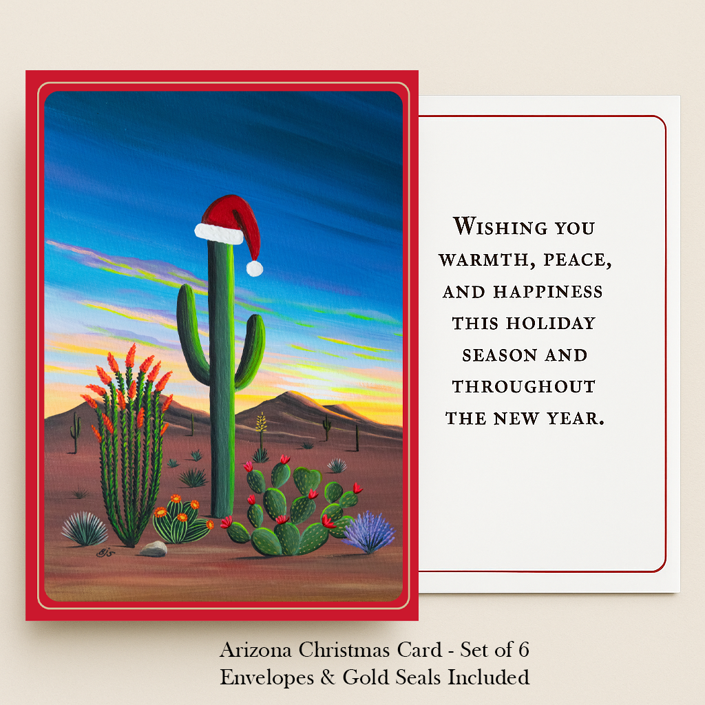 Arizona Christmas card: a saguaro wearing a Santa hat under a bright Arizona sky, painted by Brenda